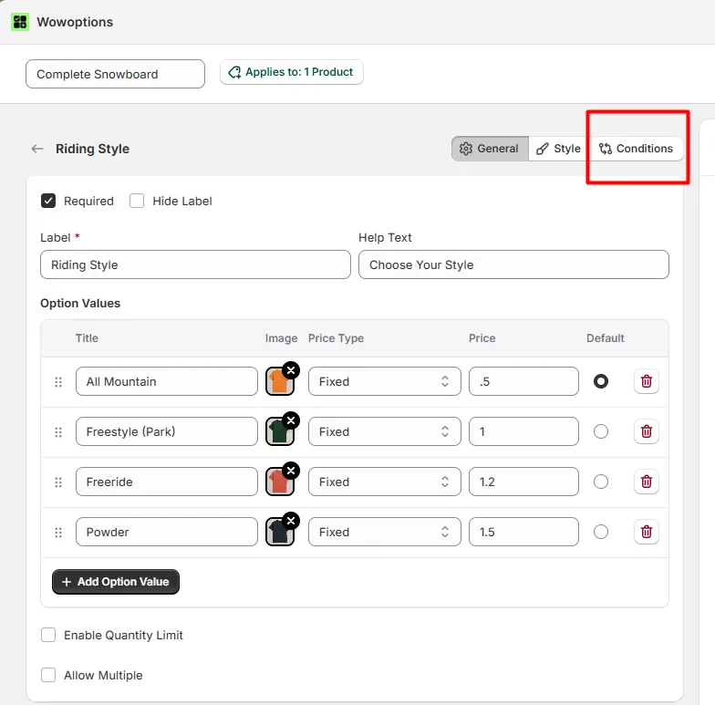 Conditional Logic Tab in WowOptions