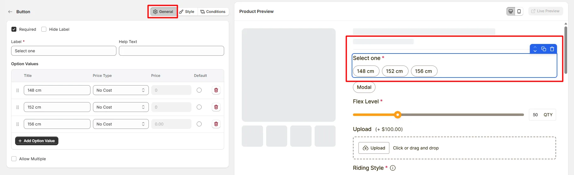 General Settings for Button Option