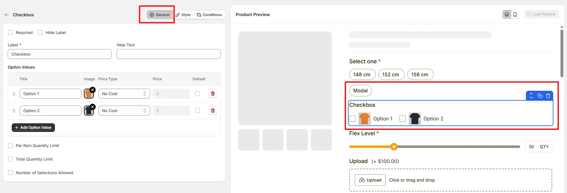 General Settings for Checkbox Option