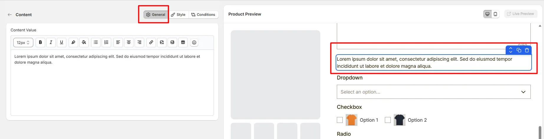 General Settings for Content Option