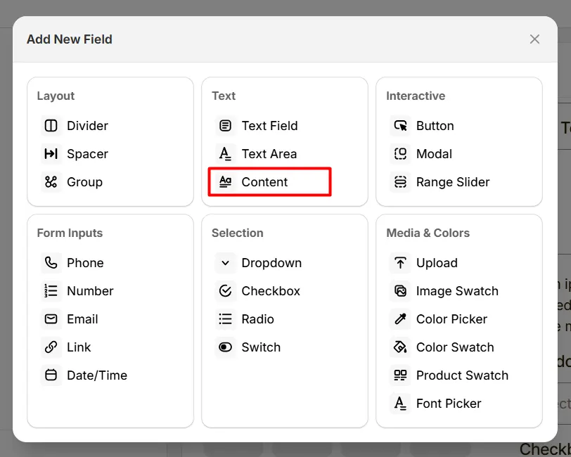 Select Content Option