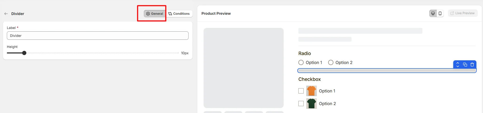 General Settings for Divider Option