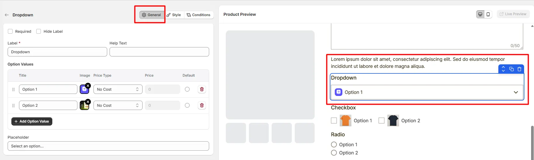 General Settings for Dropdown Option