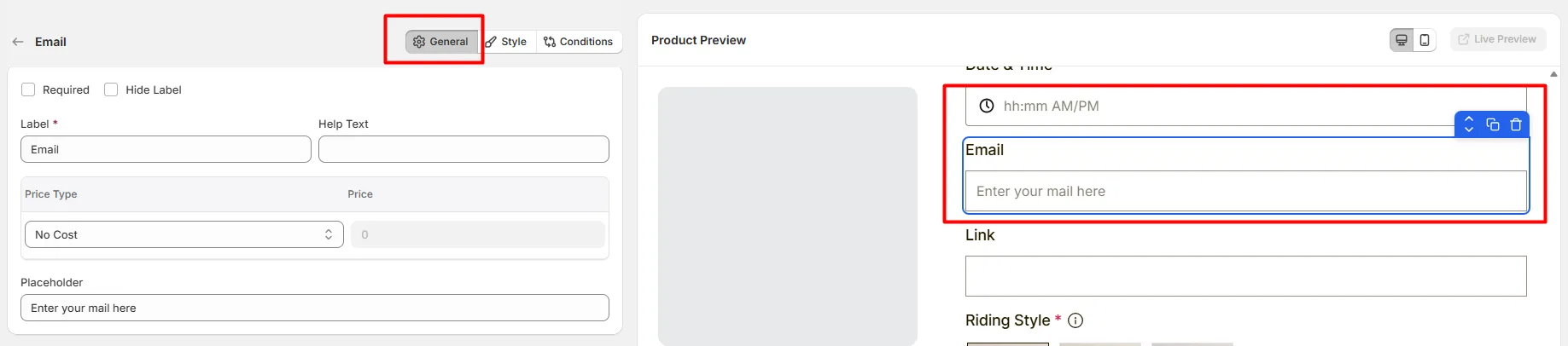 General Settings for Email Option