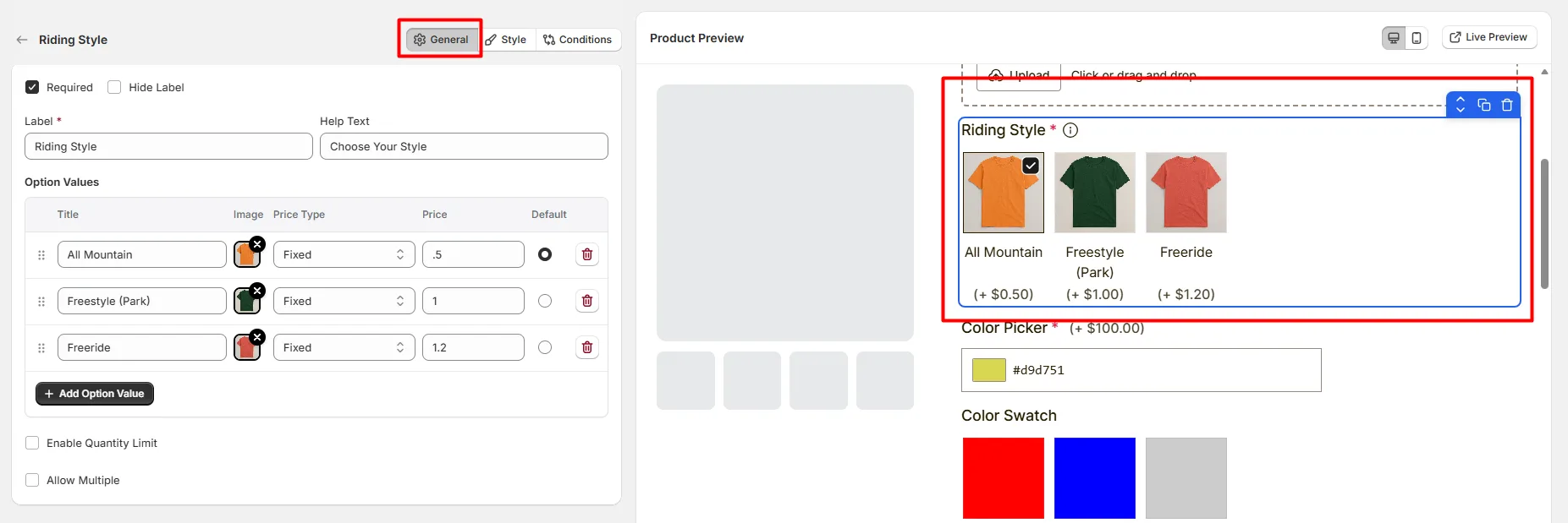 General Settings for Image Swatch Option