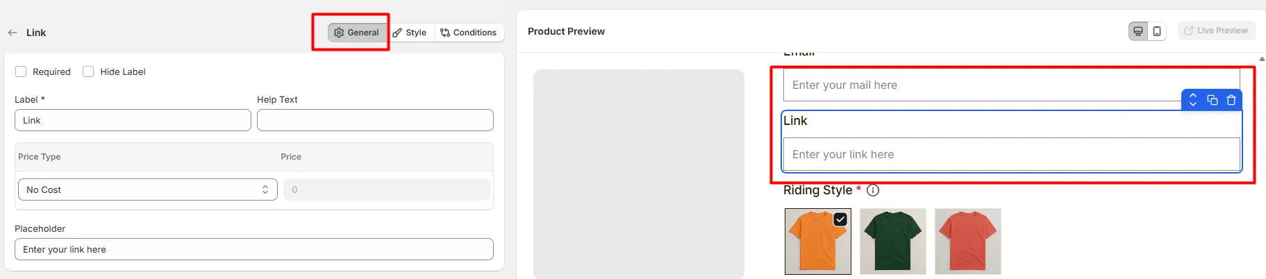 General Settings for Link Option