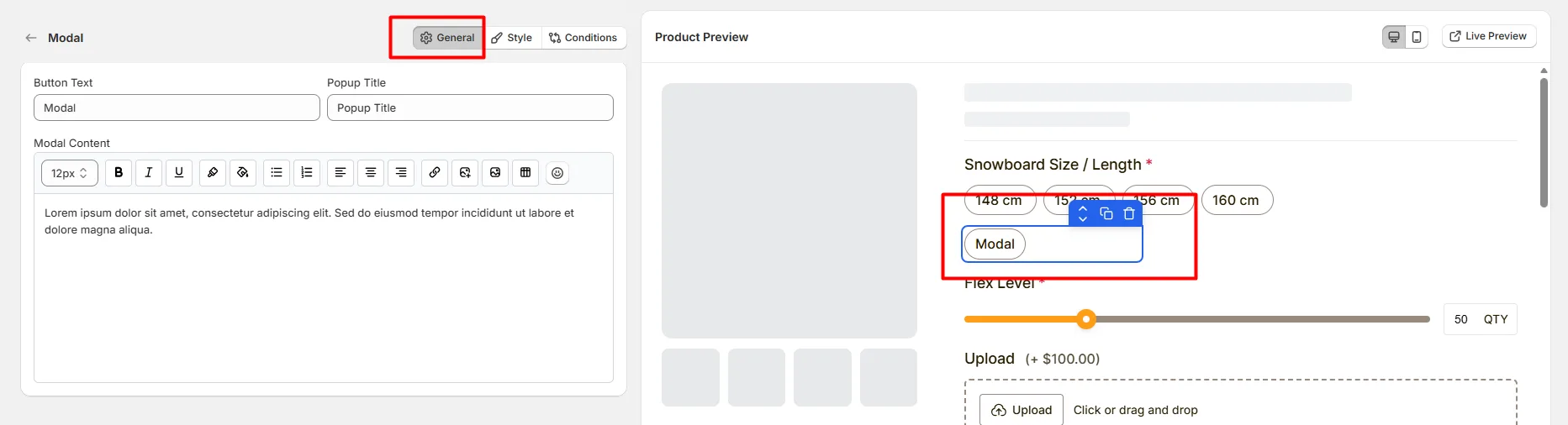 General Settings for Modal Option