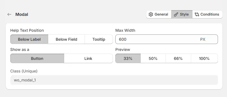 Modal Option Style Tab