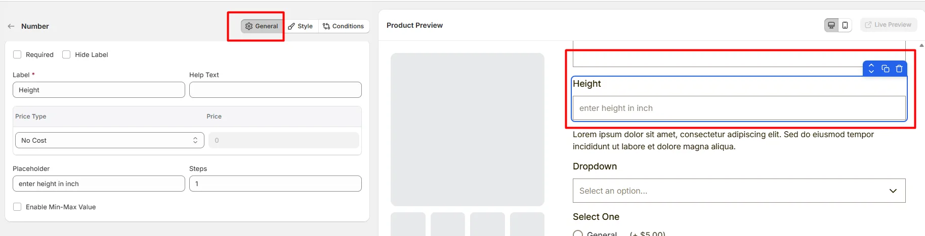 General Settings for Number Option