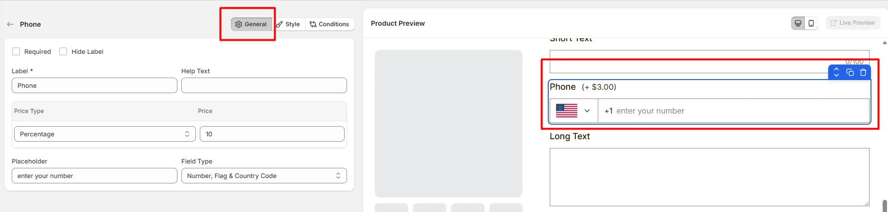 General Settings for Phone Option