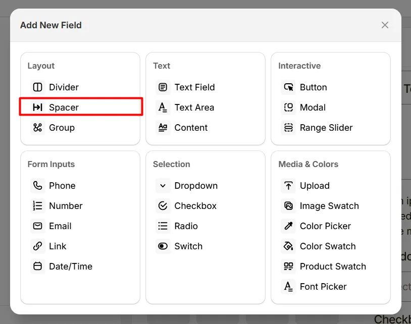 Select Spacer Option