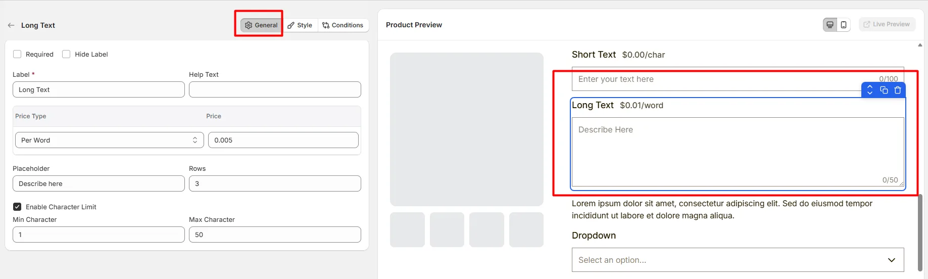 General Settings for Text Area Option