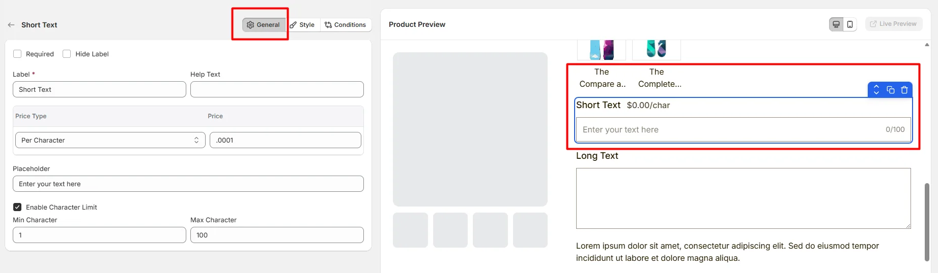 General Settings for Text Field Option