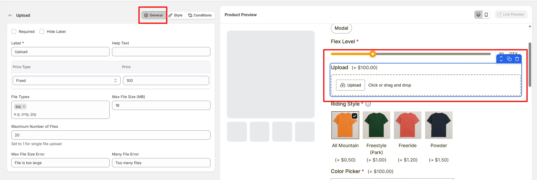 General Settings for Upload Option